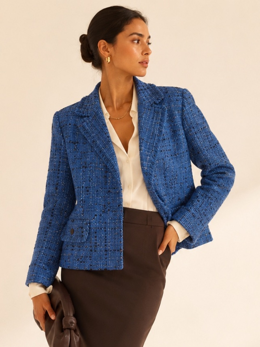 Vintage Cobalt Blue Tweed Blazer Plaid Fringe Trim Made in Canada Petite 14